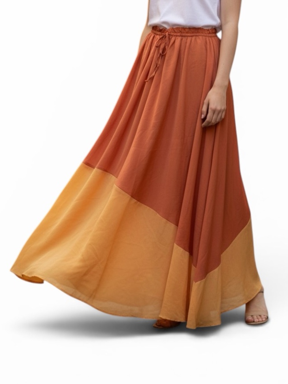 Versona Drawstring Orange Color-block OversizedMaxi Skirt(Size XS)